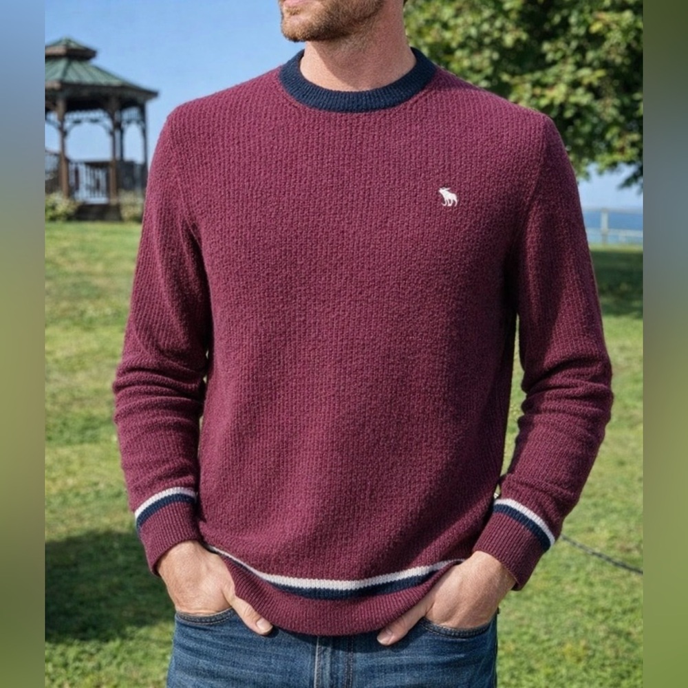 Abercrombie and Fitch Maroon w/Blue and White Knit Crew Neck Sweater Men's Med